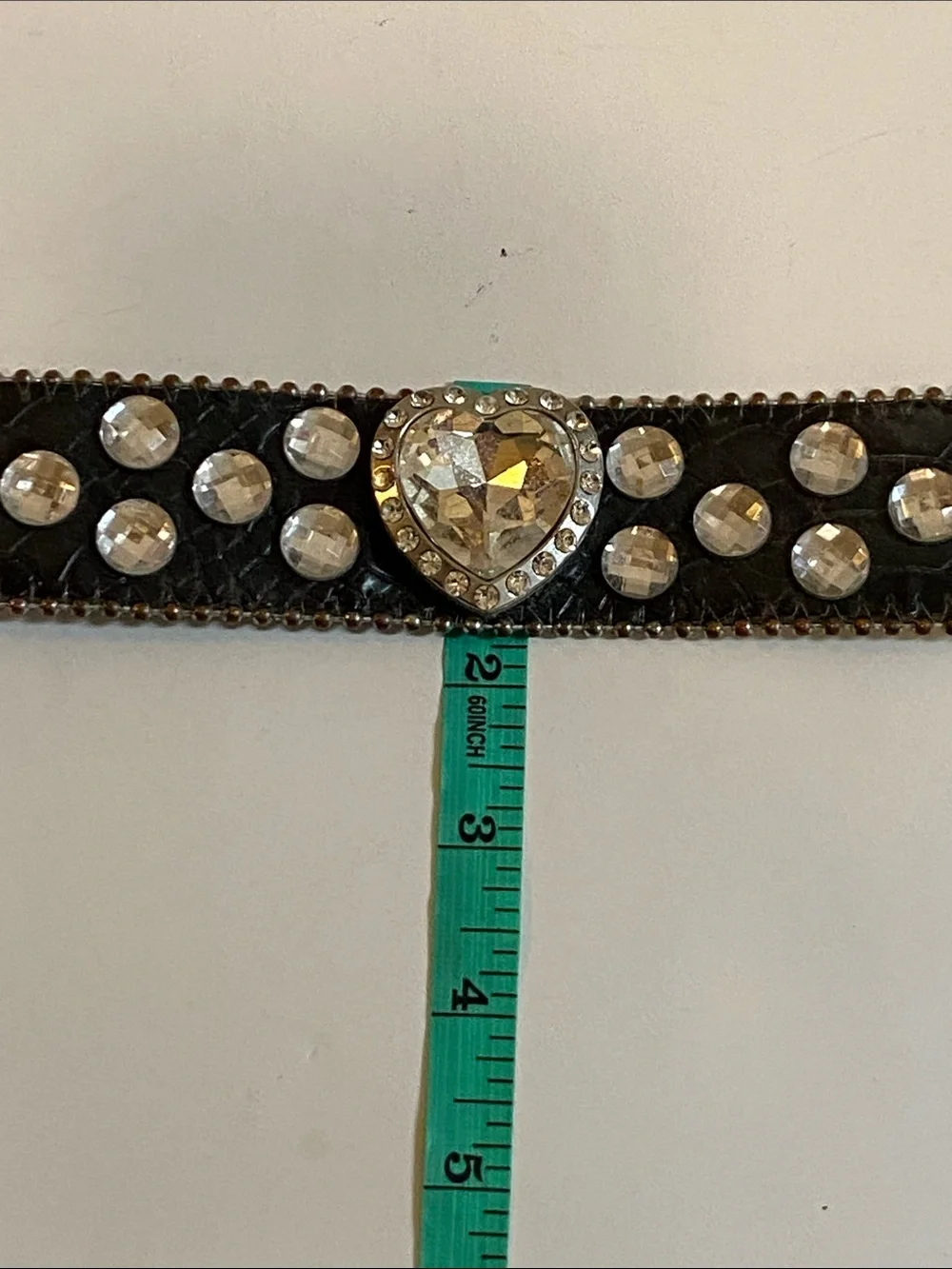 Heart Faux Crystal Studded Leather Cuff Bracelet - Black with Clear Gems Unisex